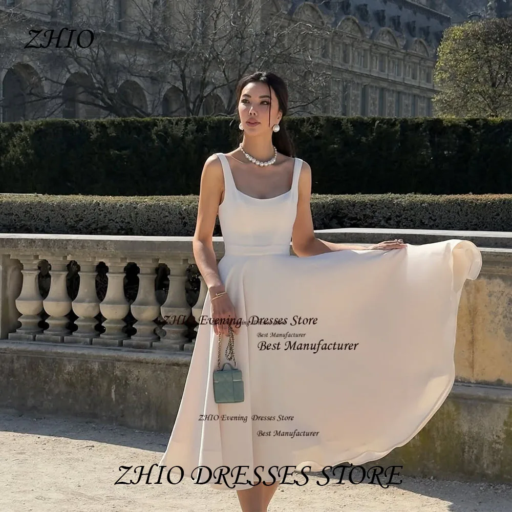 

ZHIO Simple Ivory Satin Evening Gown Pleats A Line Tea-Length Party Dress Spaghetti Straps Prom Gown for Women Customized
