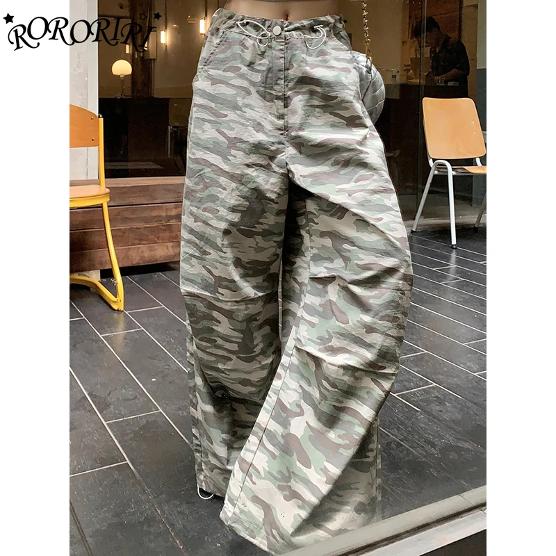 RORORIRI 90s Retro Camouflage Print Casual Pants Women Low Rise Drawstring Oversize Wide Leg Parachute Pants Harajuku Streetwear