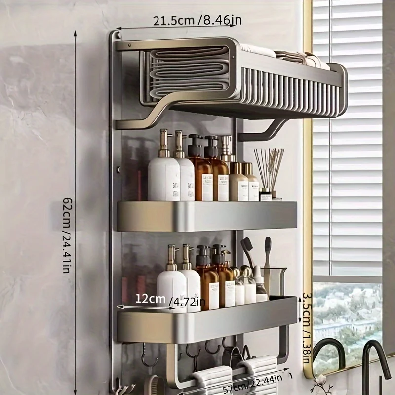 Multifunctional 3Layer Bathroom Shelf Aluminum Wall-Mounted Bathroom Item Storage Rack Large Capacity Shelf Bathroom Accessories