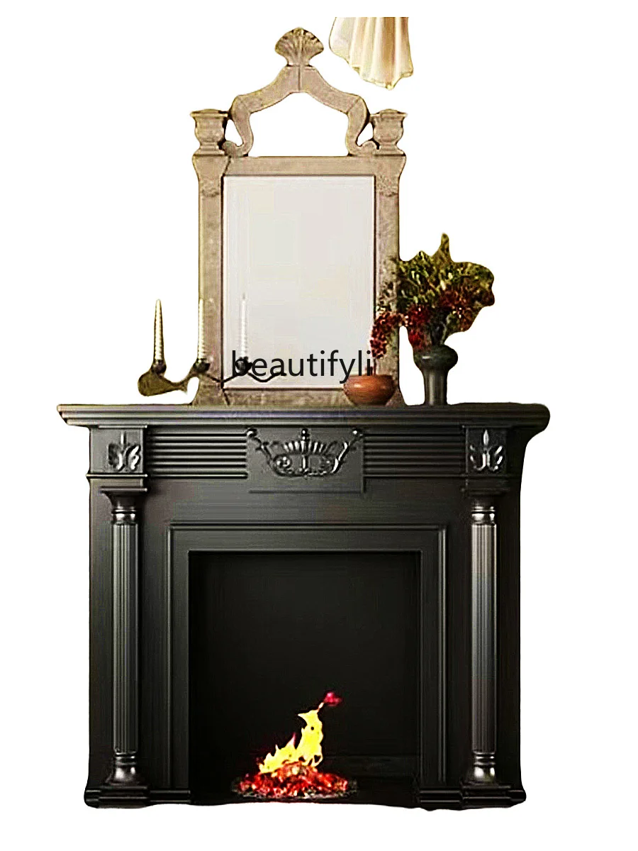 Retro solid wood fireplace rack, black French engraved decorative cabinet, light luxury against the wall, entrance rack