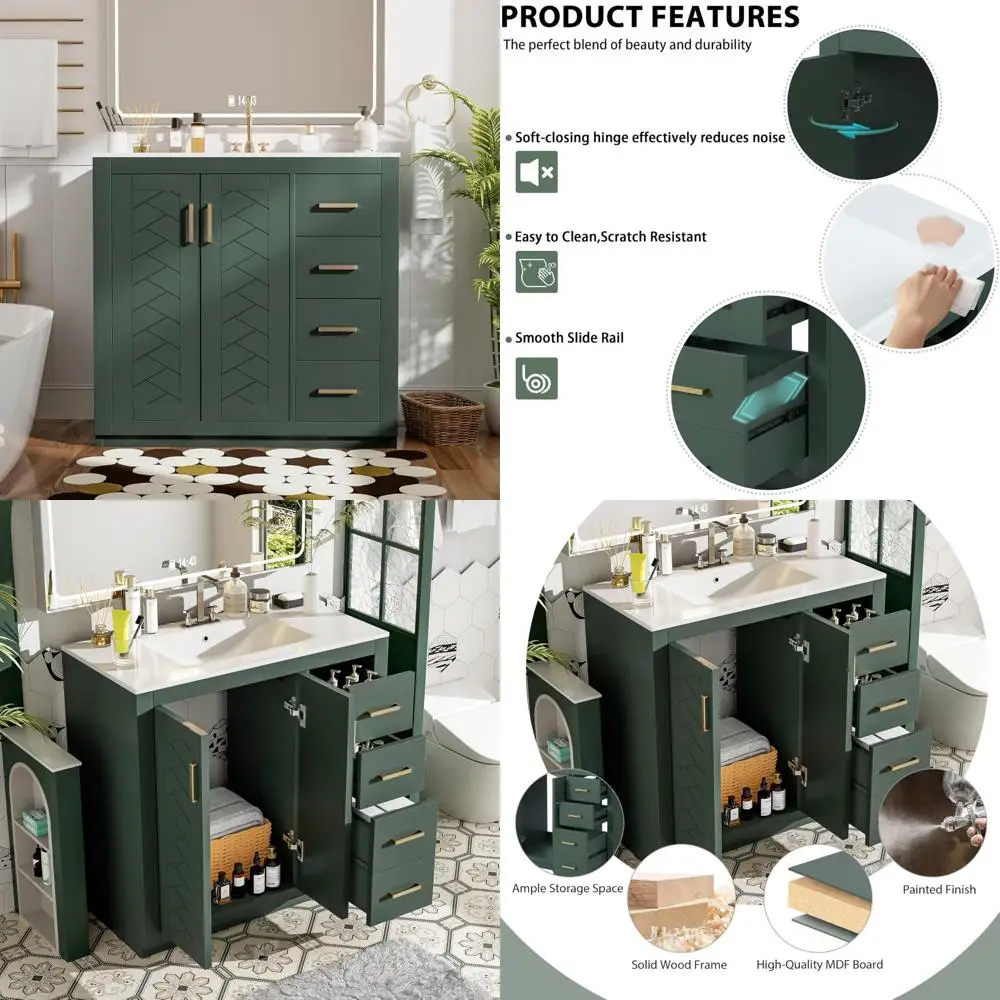 

traditional 36" ceramic sink vanity with 3-drawer storage and chevron doors