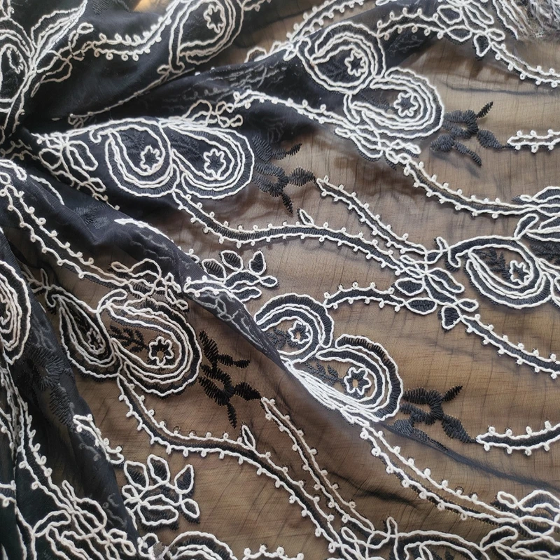 Черный хвост Феникса, хлопковая нить, круглая вышивка, сетчатая ткань, новая китайская полупрозрачная рубашка Hanfu, дизайнерская ткань