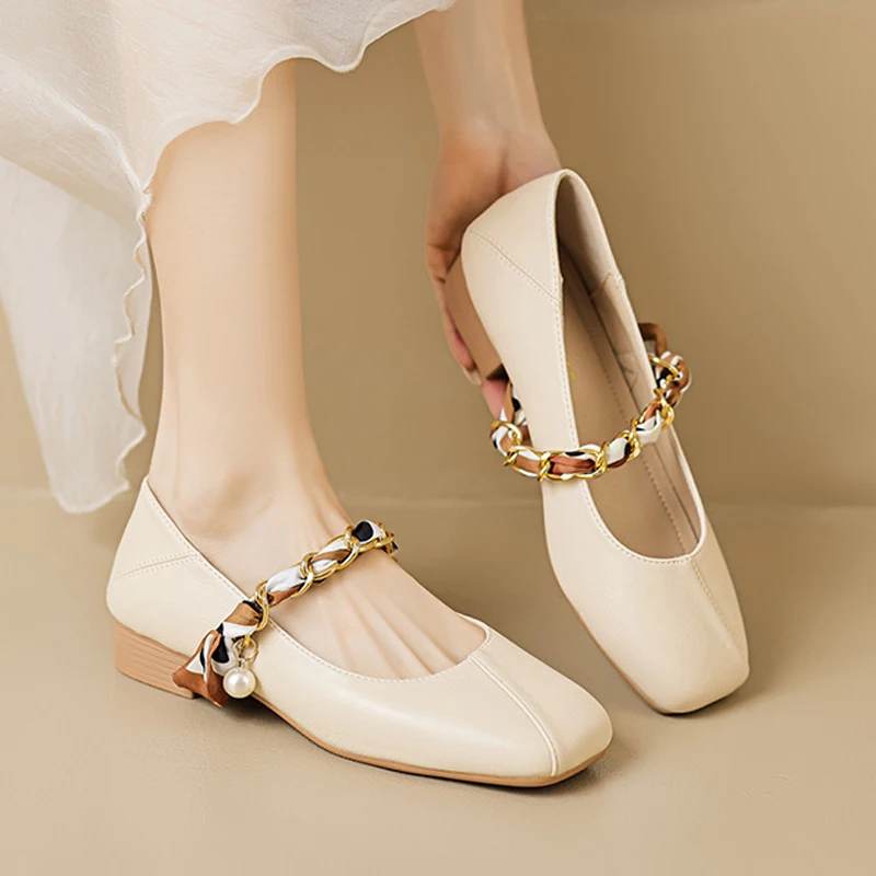 Туфли Мэри Джейн Женские туфли-лодочки Сандалии с квадратным носком Модные туфли на массивном каблуке с цепочкой Неглубокие шлепанцы на низком каблуке Большой размер Абрикосовый хаки