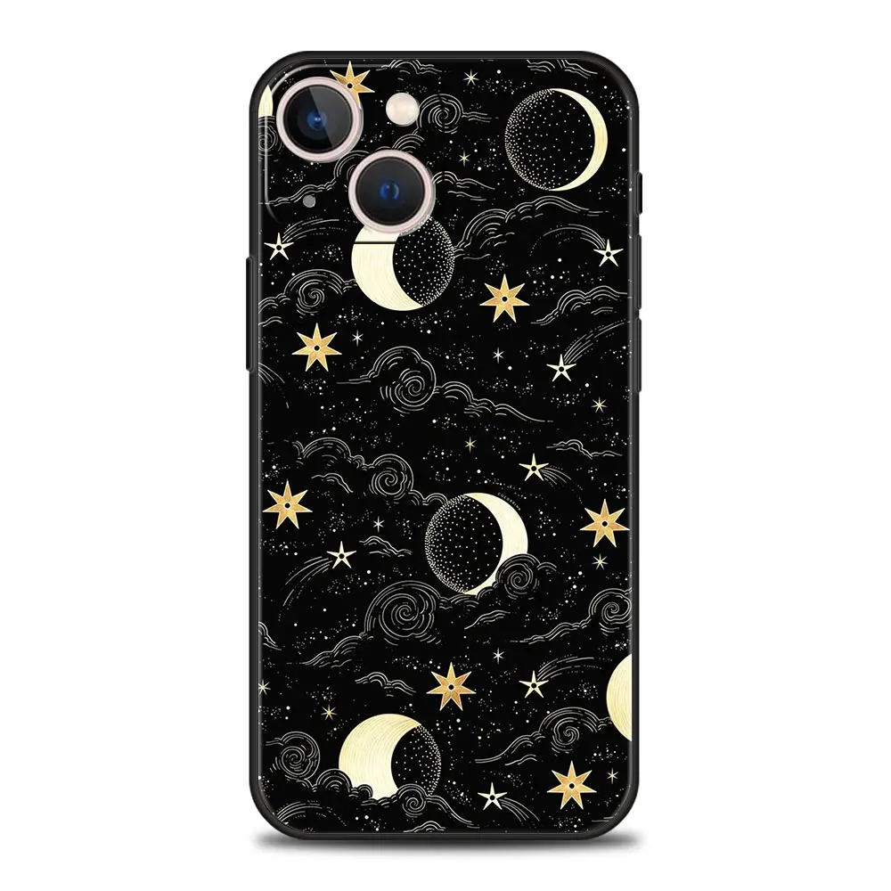 Funny Sun Moon Angel Eyes Luxury Phone Case For iPhone 13 15 14 12 11 Pro MAX XR X SE XS 7 8 Plus Soft Black Protection Cover