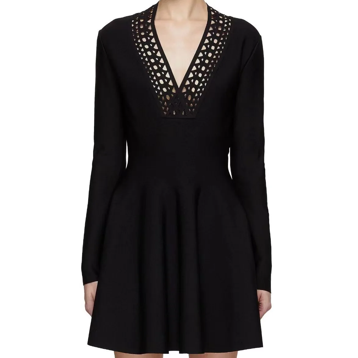 

Women Long Sleeve Cutout Carving V-Neck Waist Ball Gown Knitted Short Dress