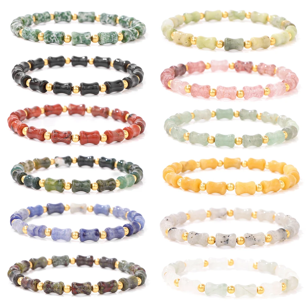 2024 New Cute Bamboo Bone Bracelet Natural Carnelian Amthysts Gem Mineral Stone Bracelet Gold Color Spacer Bead Bangle Gift