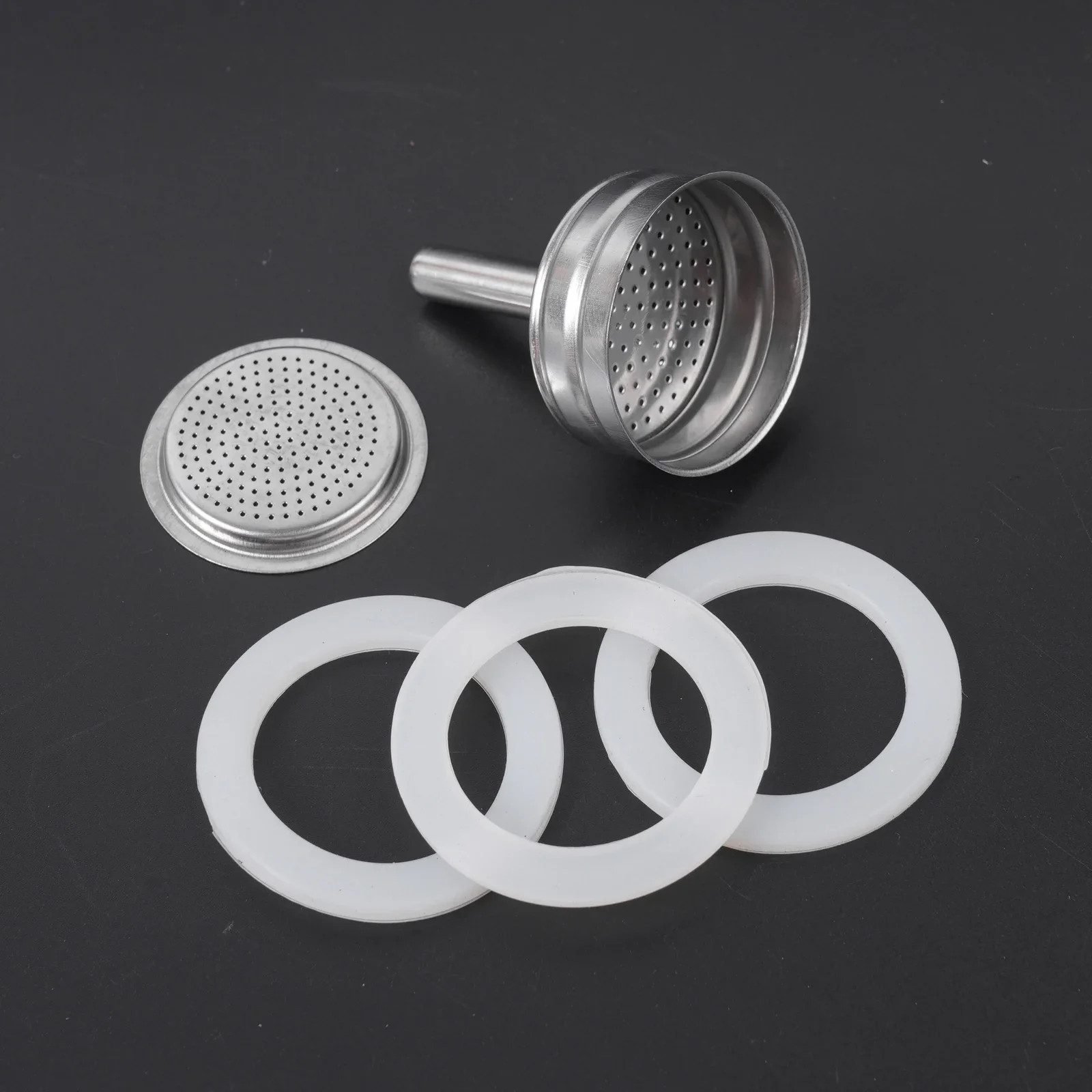 5pcs Stainless Steel Coffee Filter Plate-Round Funnel Replacement with Silicone Gaskets,Compatible with Moka Pot Espresso Maker