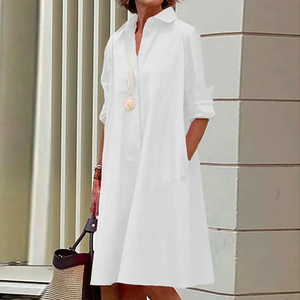 Women\'s Shirt Dress Casual Dress Shift Dress Pure Color Button Up Pocket Shirt Collar Midi Dress Casual Daily Long Sleeve Summer