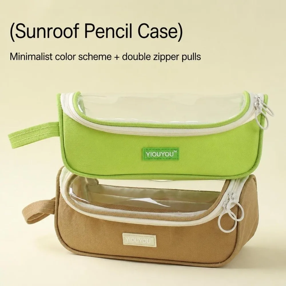 Transparent Window Pencil Case Circle Ring Zipper Large Capacity Stationery Storage Bag Reinforced Carry Handle