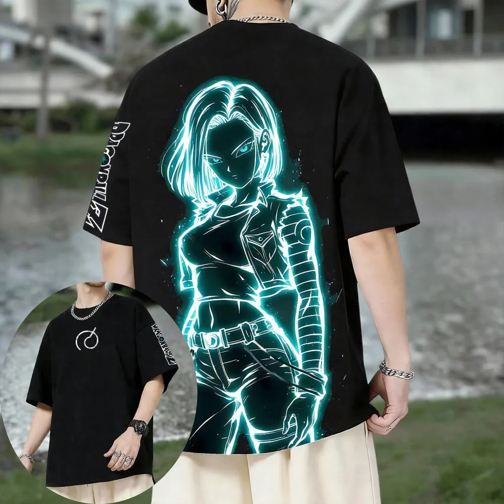 

Футболка унисекс оверсайз из чистого хлопка с принтом Dragon Ball Android 18, новинка лета 2026, повседневная рубашка с коротким рукавом и аниме-принтом