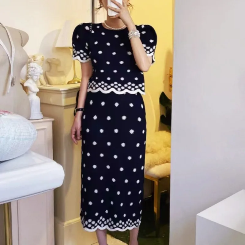 

Summer Korean Ins Dot Printed Sweet Knitted Set Women Outfits Casual O-neck Short Sleeve Tops and High Waist Skirt 2 Piece Sets