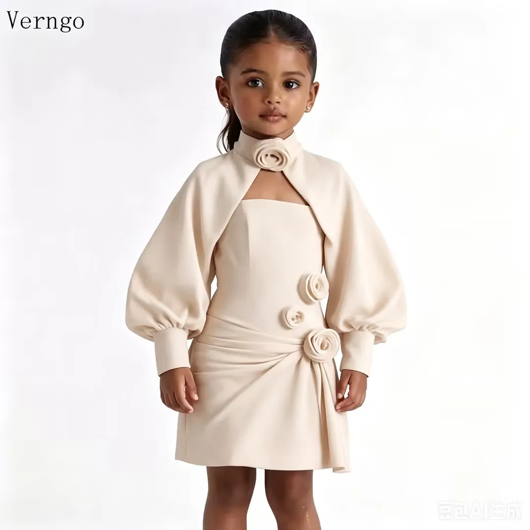 Verngo Simple Burgundy Mini Girl Fowers Dress Crepe Red Pleated Birthday Party Dresses Long Sleeves Kid Outfits Customized - view 3