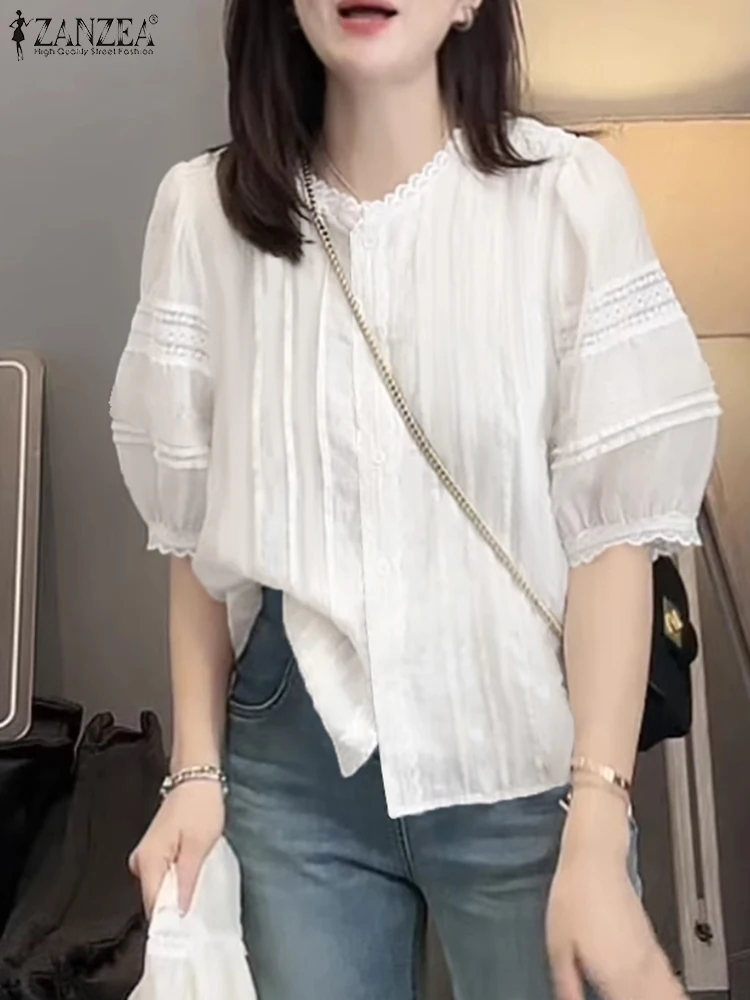 ZANZEA Women O-Neck Lace Patchwork Shirt Summer Blouse Korean White Lantern Half Sleeve Tops Fashion Pleated Loose Casual Tunic