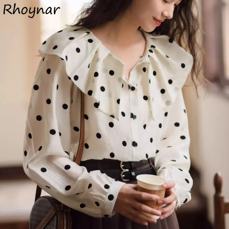 

Peter Pan Collar Shirts Women French Style Dots Button Long Sleeve Chiffon Office Ladies Elegant Temperament Casual All-match