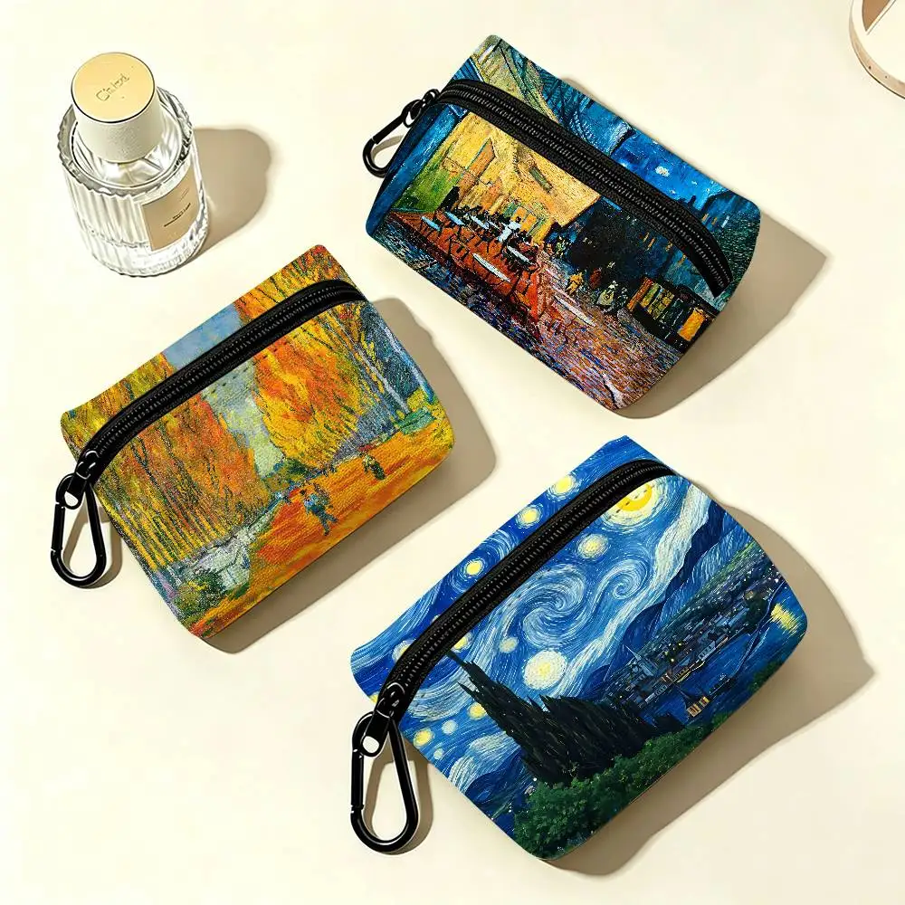 Van Gogh Starry Sky Oxford Fabric Mini Coin Wallet Smooth Zipper Hanging Design Multi-use Small Storage Bag For Travel
