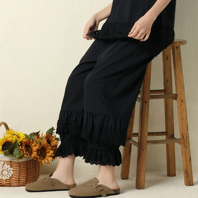 

Vintage Solid Color Lantern Pants Ruffles Lace Hem Lace Trim Bloomers Elastic Wasit Wide Leg Pants Elastic Bubble Pants