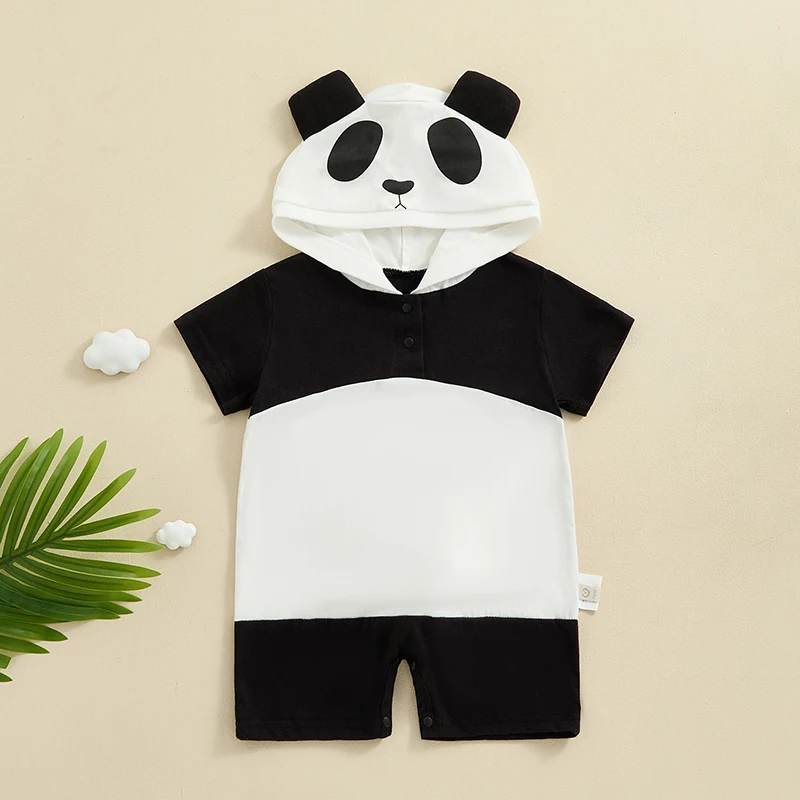 2024-04-11 Lioraitiin Summer Baby Boys Girls Panda Costume Short Sleeve Romper Cute Hooded Jumpsuit Cosplay Outfit