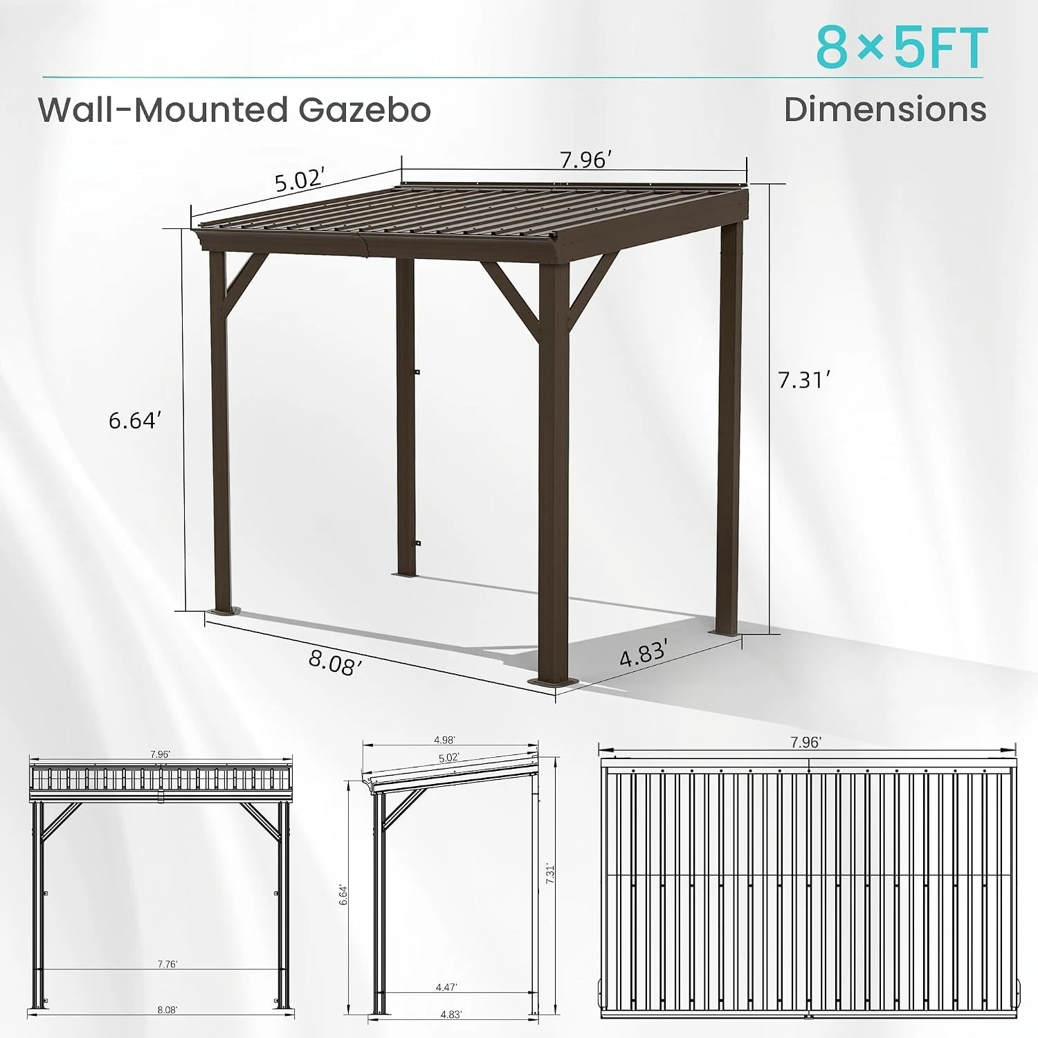 Domi 5' x 8' Lean to Gazebo Outdoor Wall Mounted Gazebo Pergola, Brown | Drainage System，Galvanized Steel Roof,, Customized