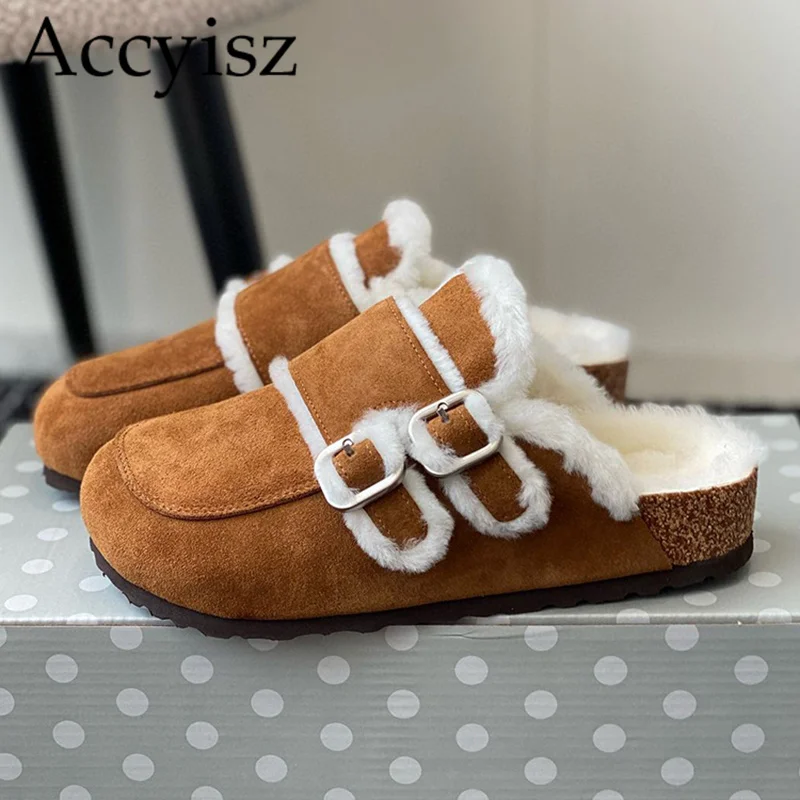 

Autumn Winter Fur Slippers Women's Closed Toe Belt Buckle Half Slipper Thick Bottom Non-slip Outwear Casual Lazy Mules Shoes