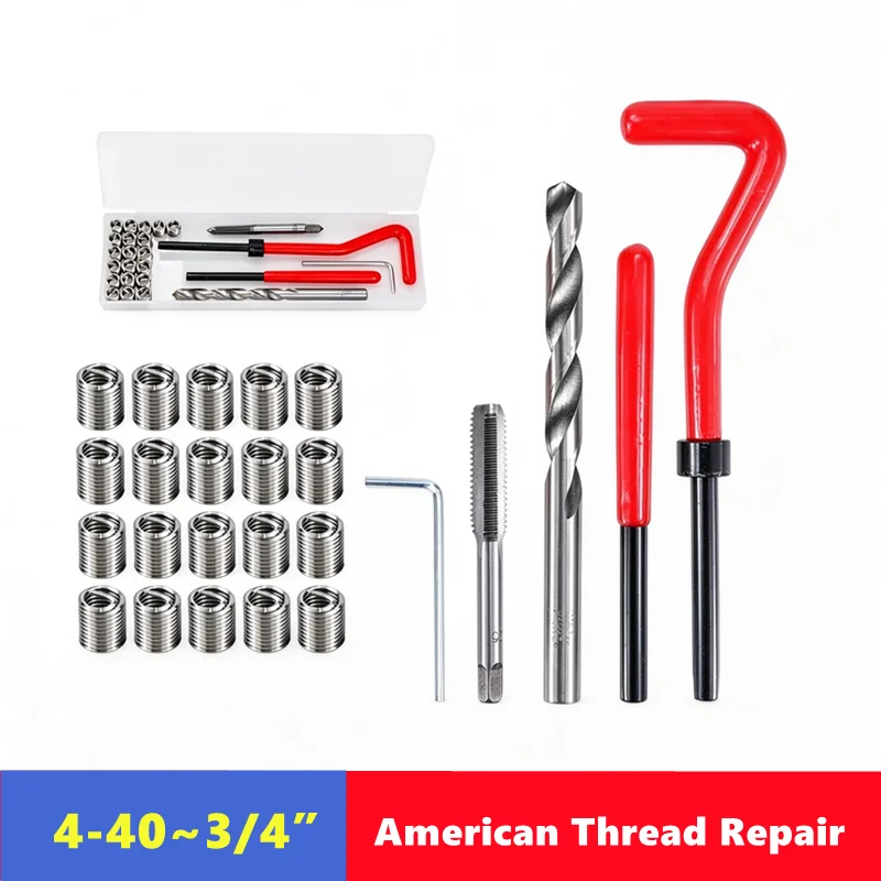 UNC UNF American Thread Repair Kit 4-40 1/4 5/16 3/8 7/16 1/2 9/16 3/4, Manual tool kit for repairing damaged threaded inserts