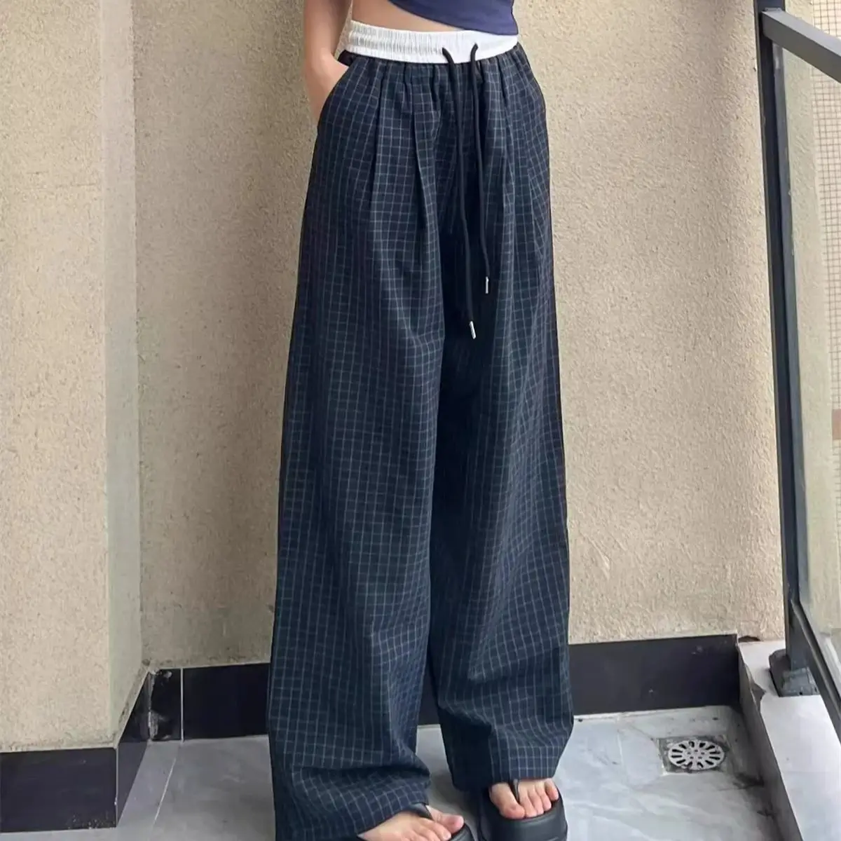 Moda feminina xadrez cordão calça outono primavera novo em calças retas perna larga cor bloqueada calças l ady casual streetwear