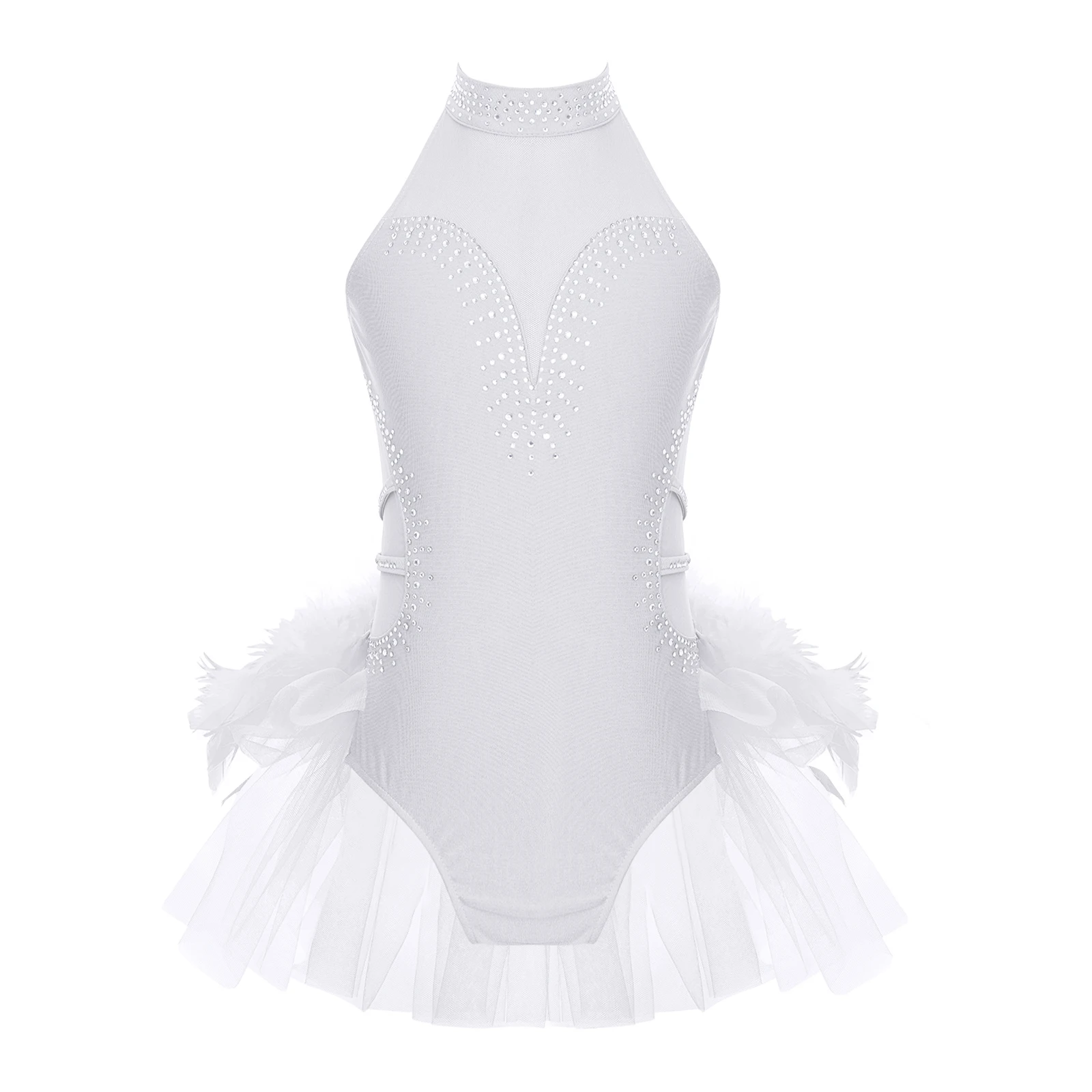 Girls Ballet Gymnastics Dance Leotard Figure Skating Bodysuit Sleeveless Sheer Mesh Tutu Latin Tango Cha-Cha Samba Dancewear