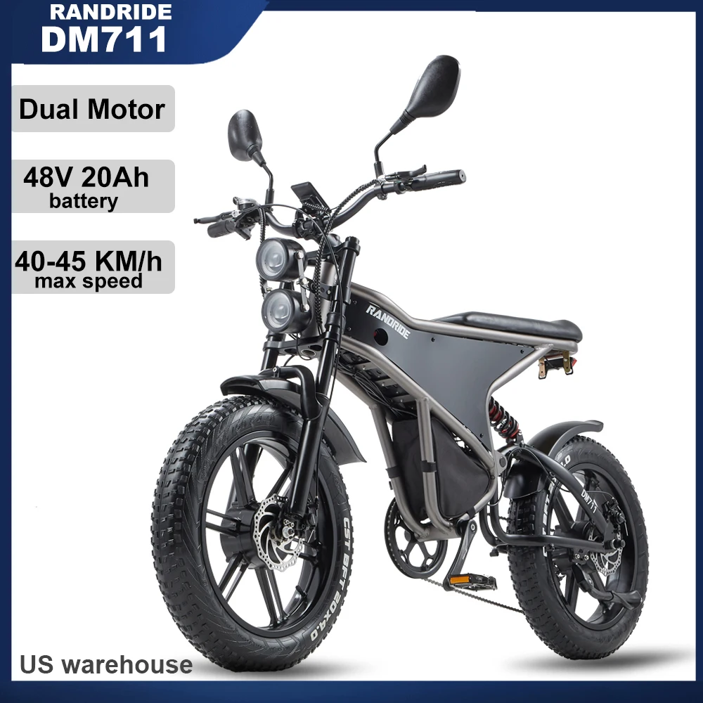 

RANDRIDE Electric Bike DM711 1000W *2 Motor 20" Fat tire 48V 20AH Battery Disc Brake 7 Speed For Adult Mountain Bicycle US Stock