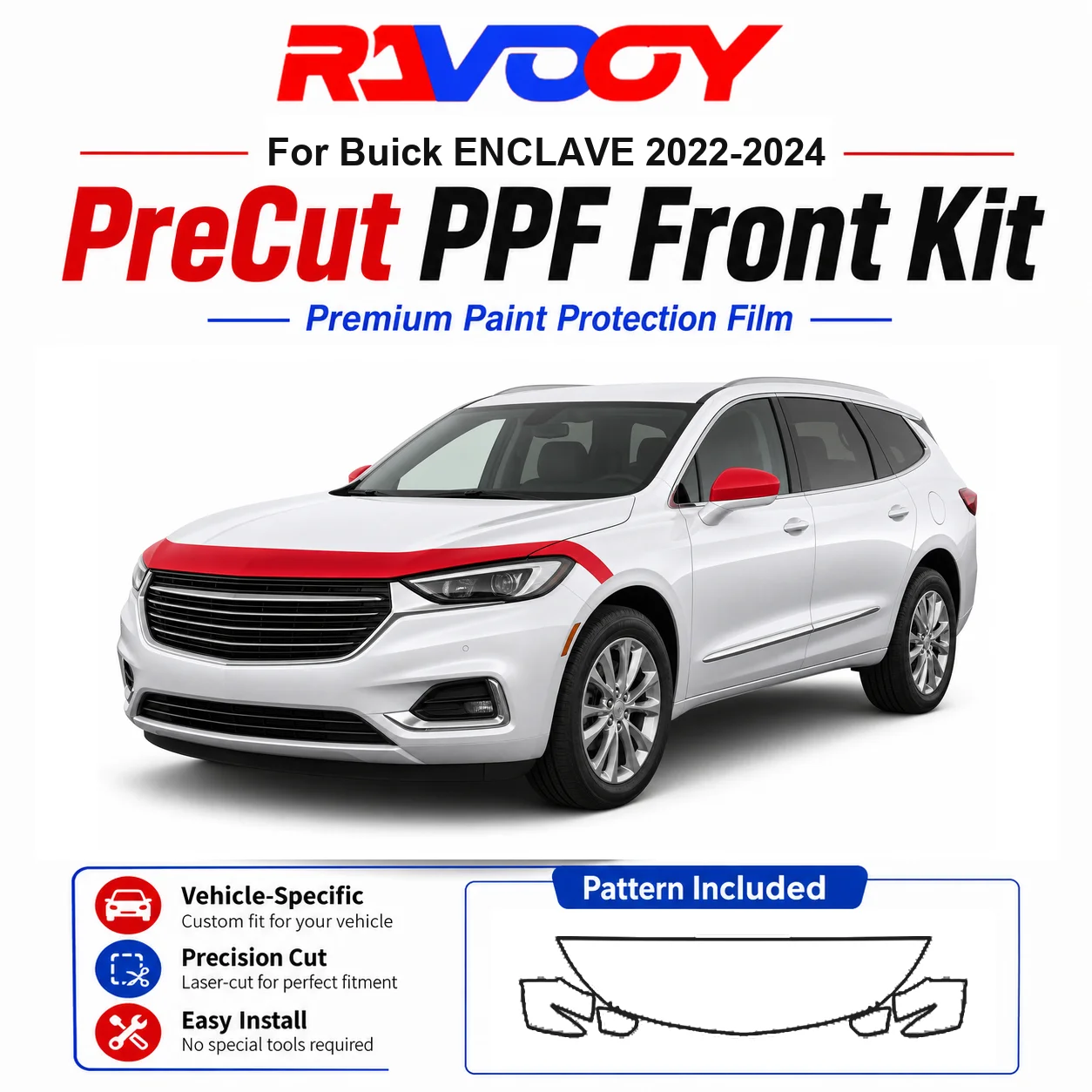 

8.5mil TPU Precut PPF Kit For Buick ENCLAVE 2022-2024 - Hood, Fenders & Mirror Set - Self-Healing Clear Bra Film