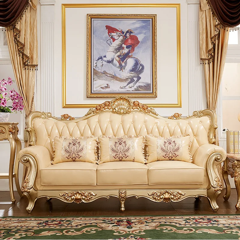 European-Style Genuine Leather Set For Villa Luxury Living Room, Solid Wood Carved Champagne-Colored Large Three-Seater Sofa