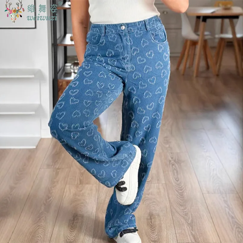 

Women's Jeans Heart Hook Flower Denim Pants Autumn Y2k Causal Hight Waist Pants Pockets Loose Streetwear Trendy Woman Clothing
