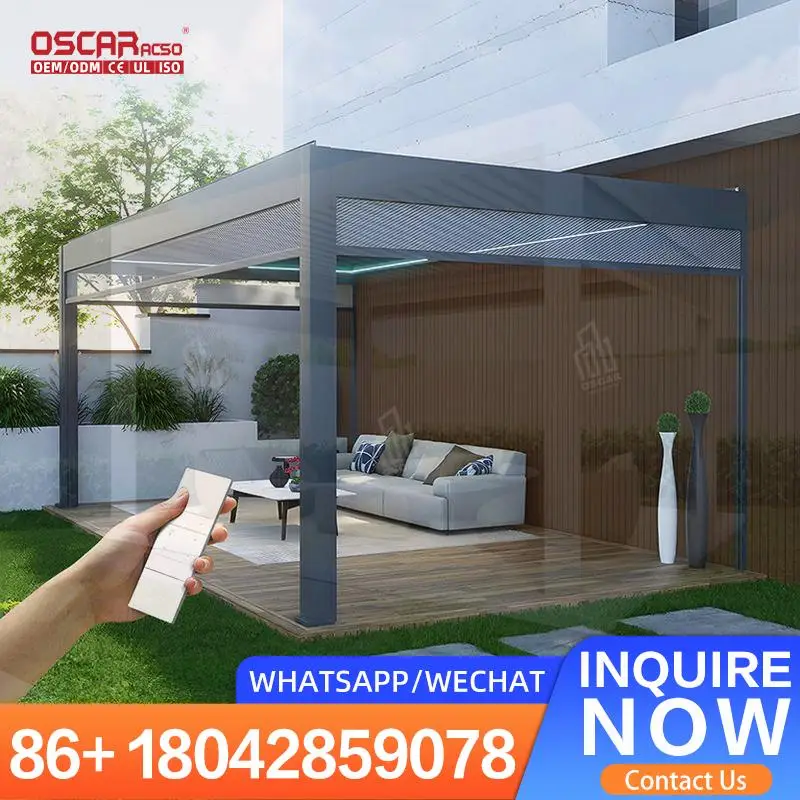 

Bioclimatic Aluminium Gazebo Contemporary Motorized with LED Light for Garden Patio Backyard Pergola