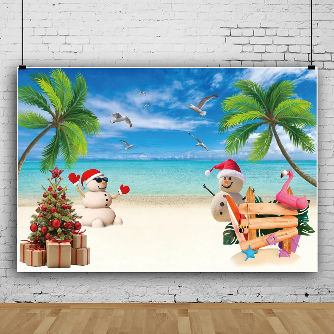 Hawaiian Christmas Banner Backdrop Beach Scene Wall Decoration Snowman Santa Hat Seaside Holiday Photo Background Photography