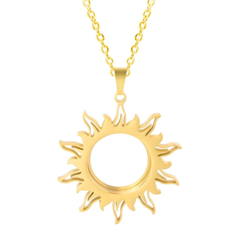 1pc Fashion Sun Pendant Necklace Photo Relicario Locket Charm New Stainless Steel Sun Necklace For Women Men Retro Jewelry Chain