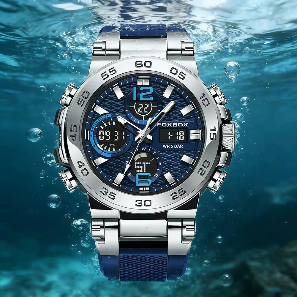 FOXBOX 5ATM Waterproof LED Dual Display Quartz Wristwatch Multifunctional Electronic Watch for Men Sports Silicone Watches Man