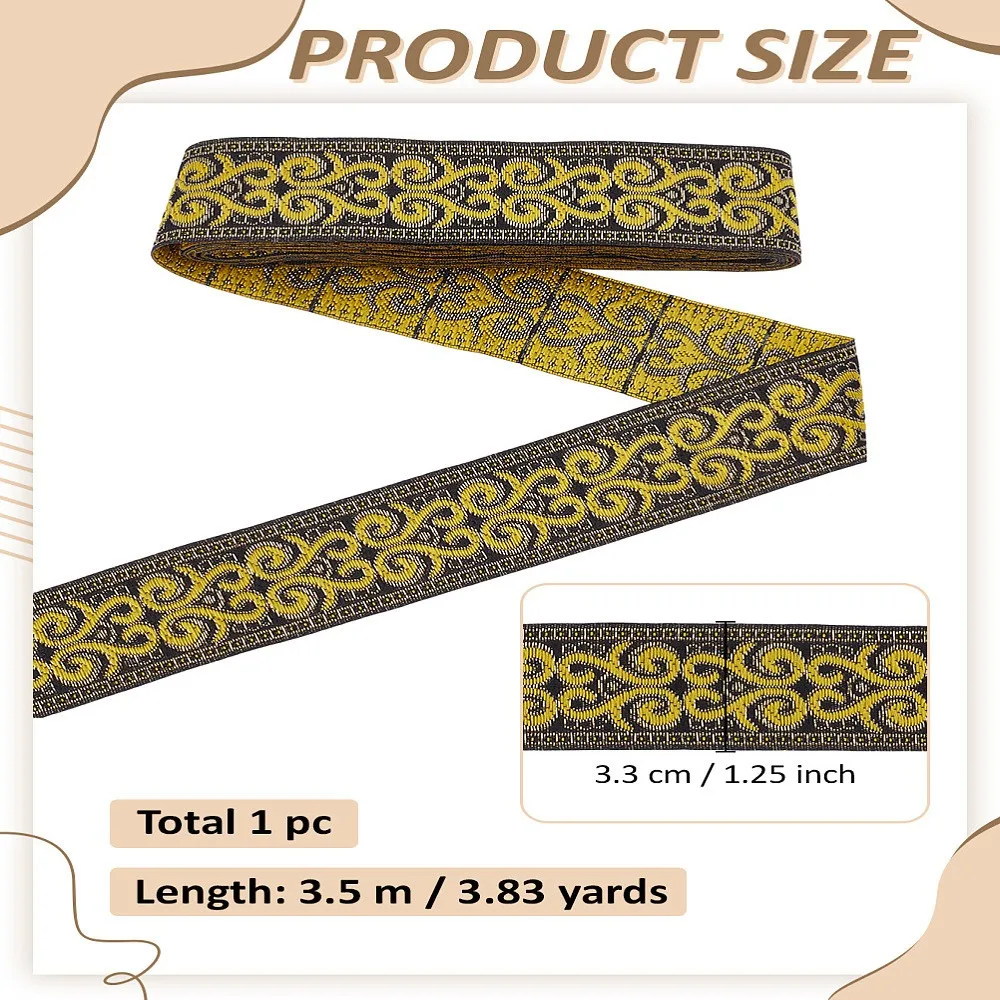 3.5M Ethnic Style Polyester Ribbon for Clothing Accessories Floral Pattern Yellow 1-1/4 inch(33mm)