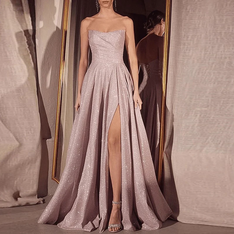 

Strapless High Waist Split Women's Long Dress Shiny Silk Sleeveless Solid Elegant Dress Summer Backless Pleated Evening Dresses