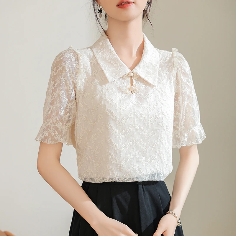 New 2024 Summer Lace Blouse For Women Short Puff Sleeve Beige Color See-through Elegant Tops Chinese Style Shirts & Blouses