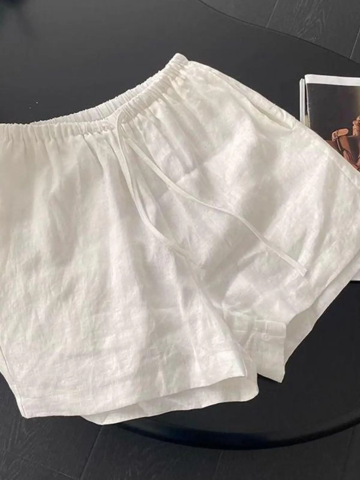 

Comfortable Linen Drawstring Wide Leg Short Pants Women's Summer Fashion Simple Match Loose Waist Hot Pants Low Waist Shorts