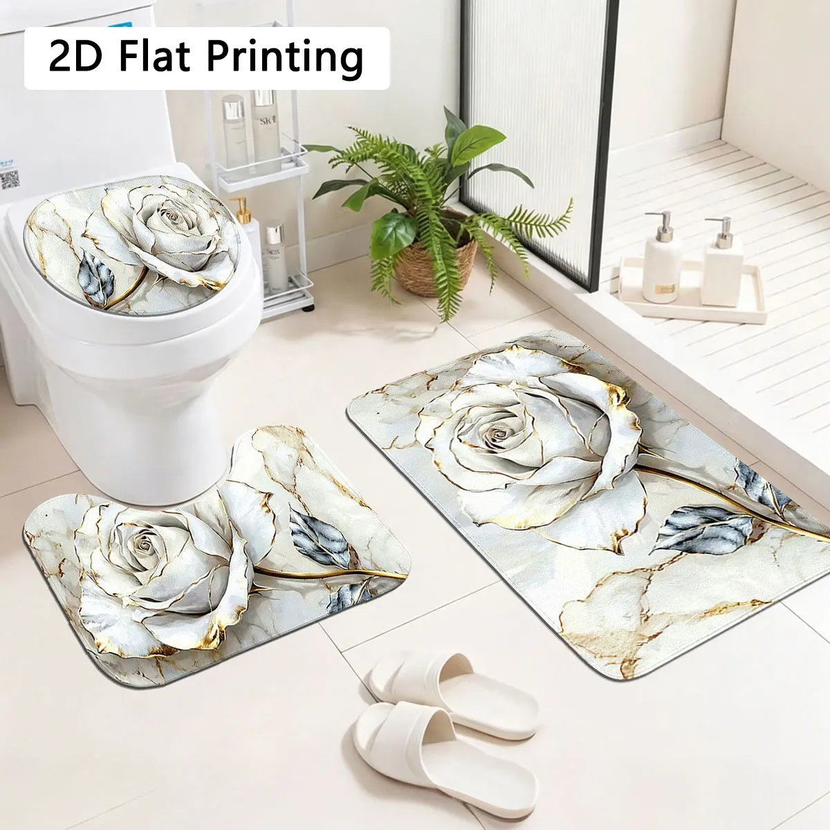 Elegantes Marmor-Weiß Bloom Badezimmer-Teppich-Set für Innenräume, Rutschfester Neutraler Glamour-Toiletten-Accessoire