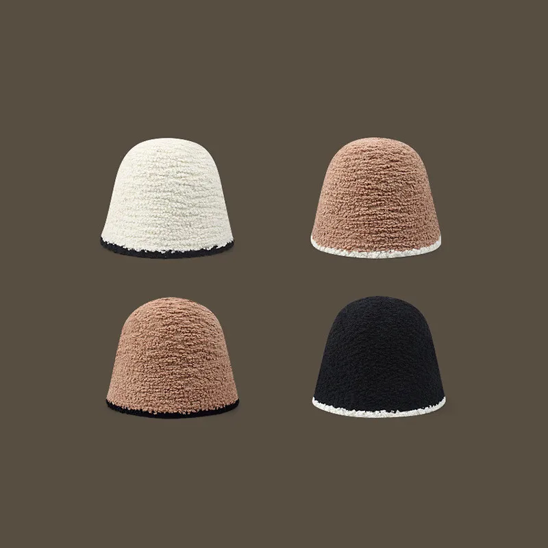 

Thick Lamb Fleece Wool Knitting Bucket Hat Women Winter Warm Fisherman Hat Dome Panama Basin Cap Solid Color Skull Beanie Caps