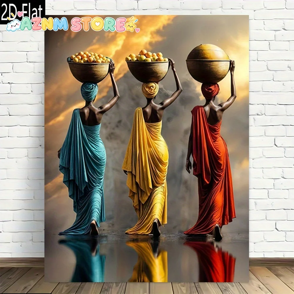 2D Flat 2027  1pc, African Women Carrying Baskets of Fruit Frameless Canvas Wall Art Modern Vintage Design, High Quality Prin