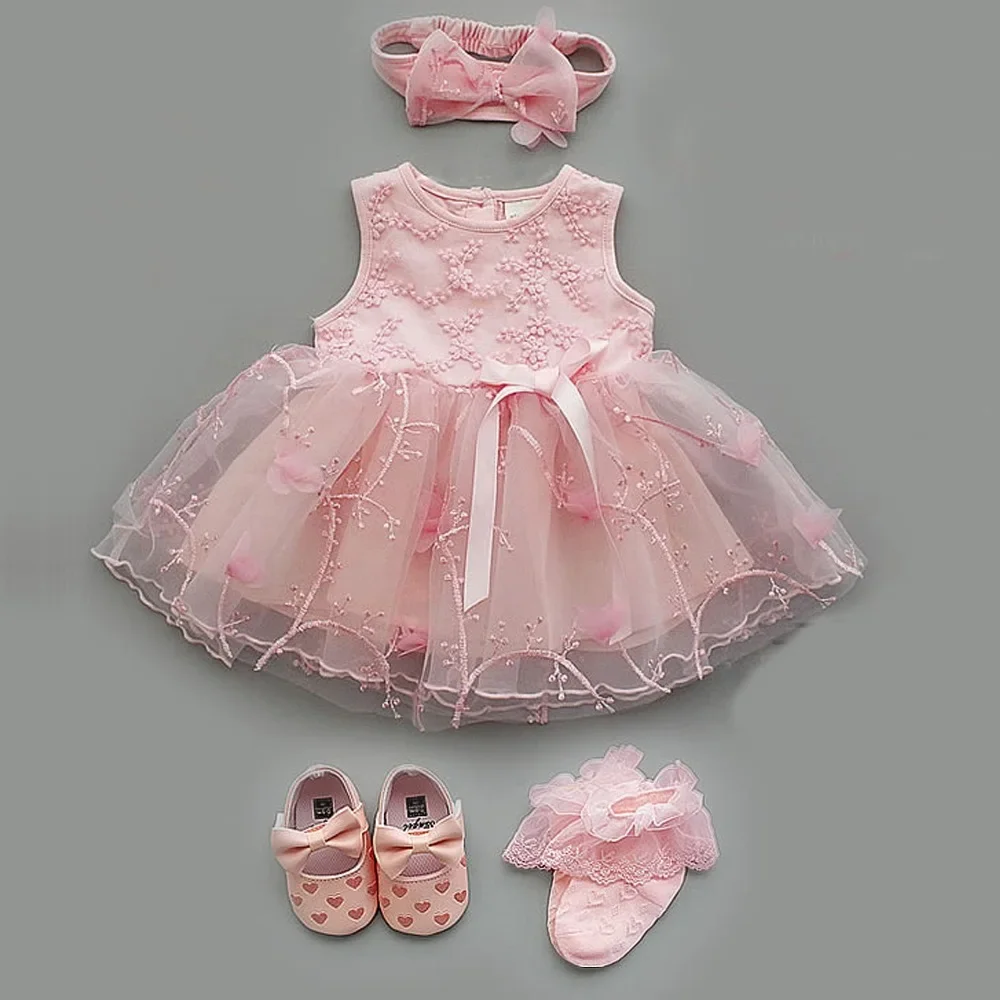 4Pcs Baby Summer Dress Set for Infant Girls Christening Baptism Gown Wedding Party Outfits, 0-9 Months