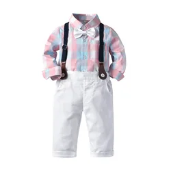 Autumn & Winter New Boy's Clothing Autumn Shirts Long Sleeved Plaid Shirts Strap Pants Korean Children's Set Kids Clothes Boys