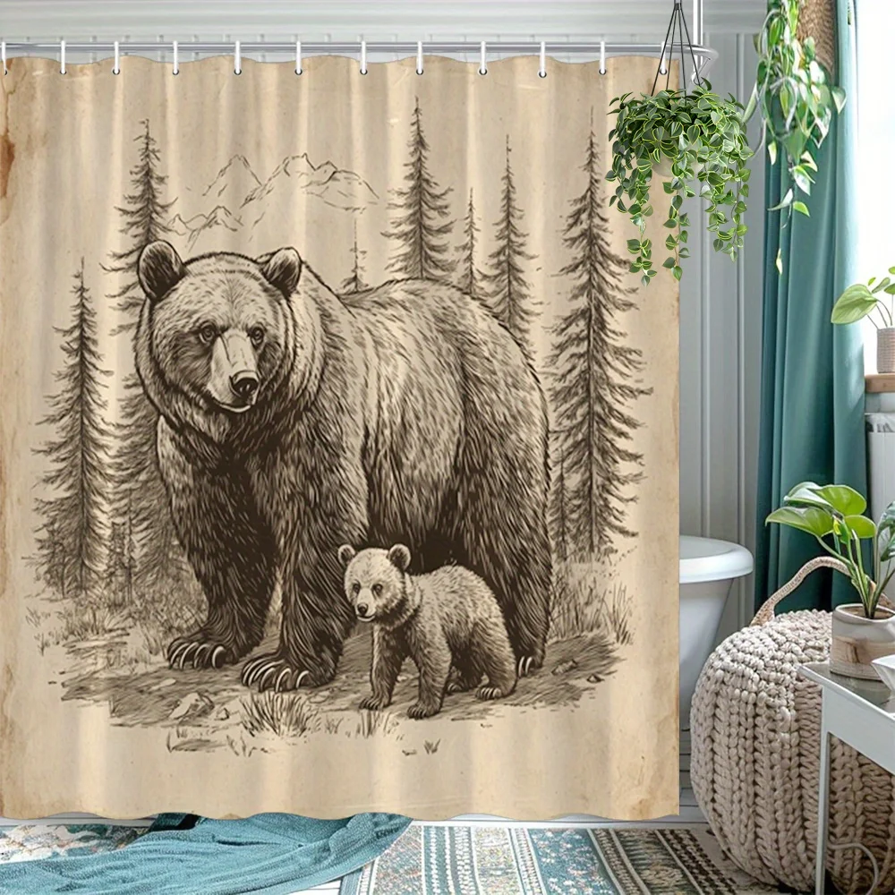 

1 шт., занавеска для душа в деревенском стиле с медведем и лесным пейзажем, винтажный природный декор для ванной комнаты, полиэфирная ткань