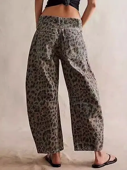 Loose Leopard Print Wideleg Jeans plus Size Casual Straight Leg Pants Washed Denim Ladies Comfortable Fit Casual Trousers