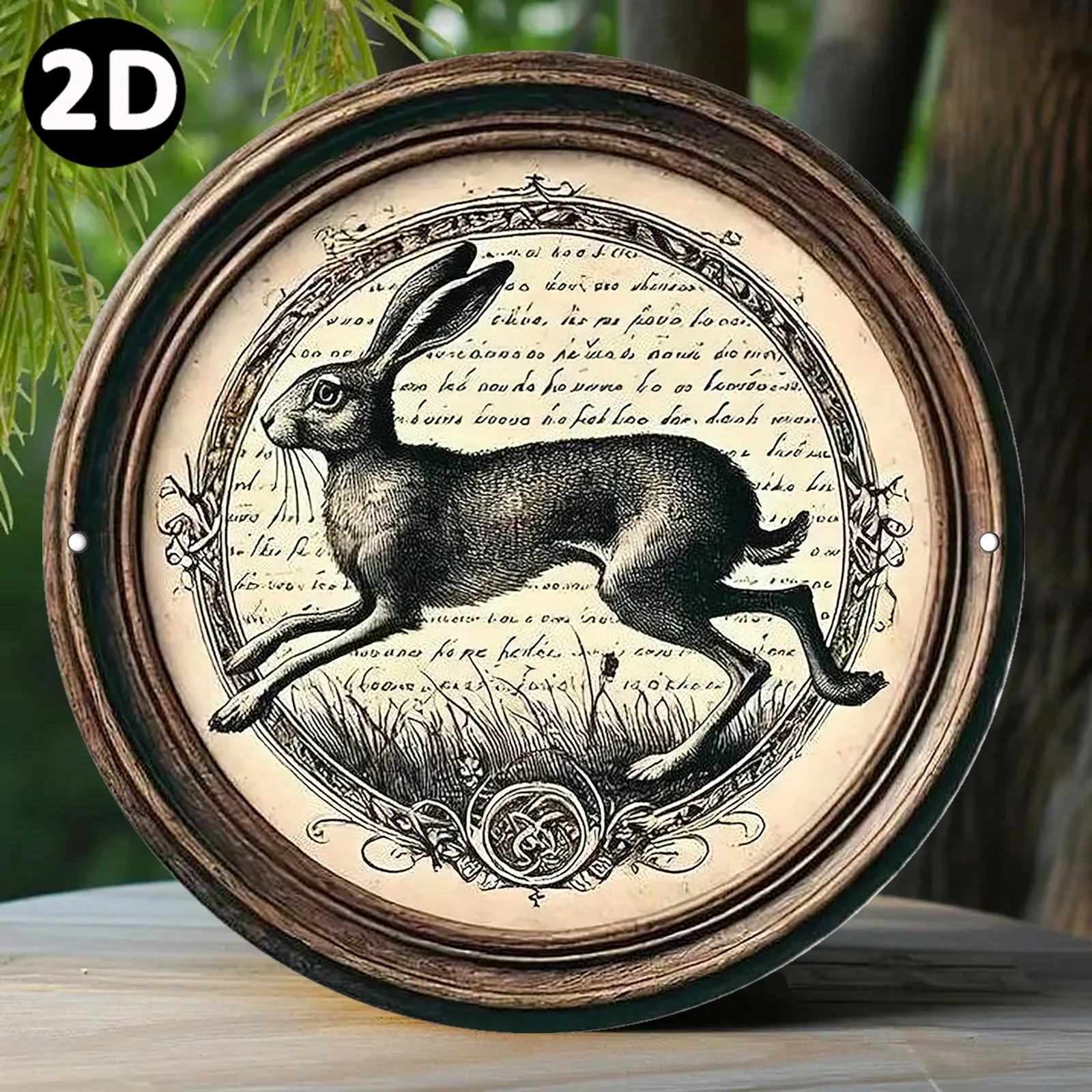 2D Flat, 2D Flat Round Metal Sign with a Leaping Hare and Vintage Text Decoration, Suitable for Bedroom, Living Room, Dining Roo