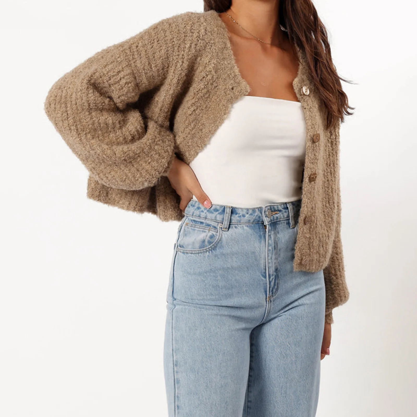 

Новый вязаный кардиган для женщин, модный однотонный свободный укороченный свитер с длинными рукавами на пуговицах, горячая распродажа, S, M, L