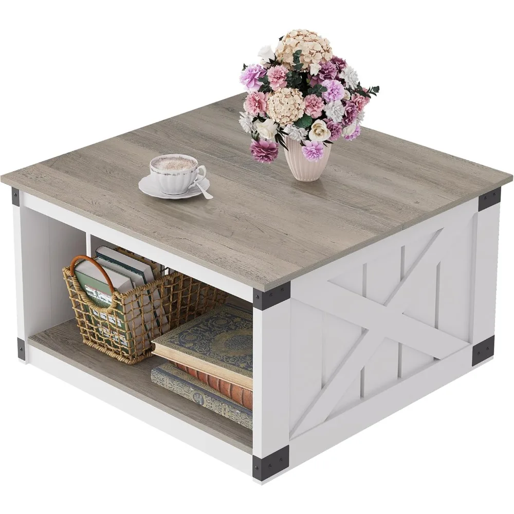 

Farmhouse Coffee Table for Living Room, 31.5" Square Wood Coffee Table with Storage, 2-Tier Rustic Center Table with Sturdy X-F