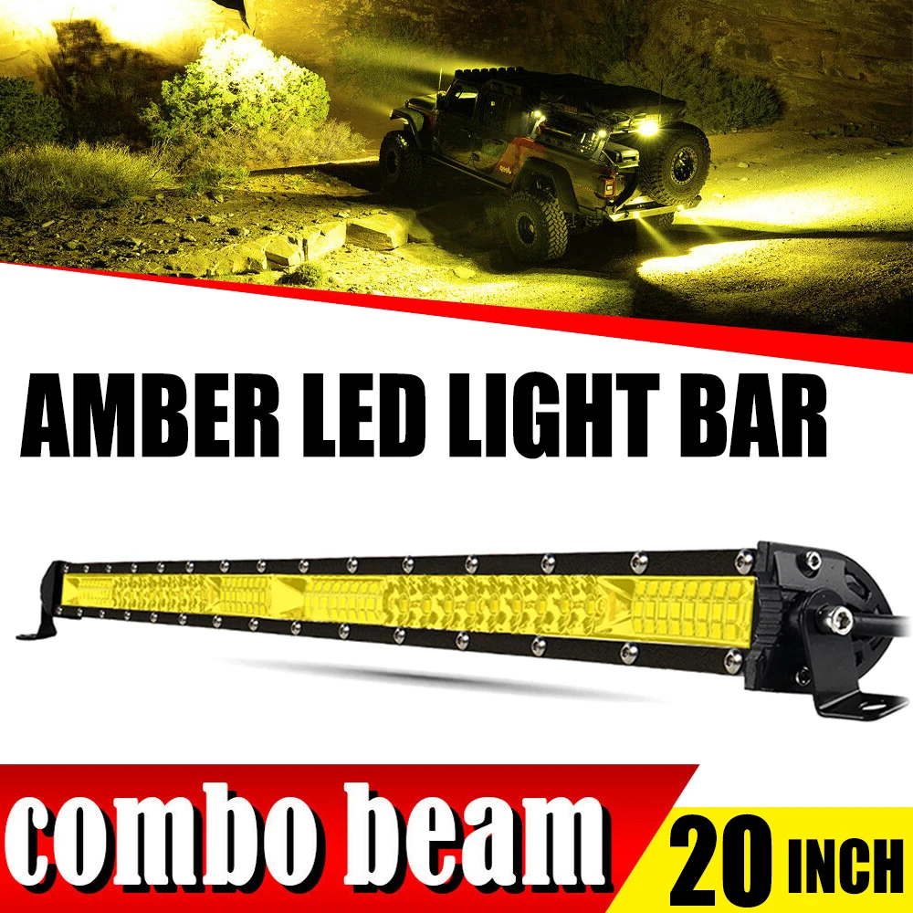 Combo Beam Single Row LED Light  Bar 20 Inch Amber Light Driving Light Offroad Work Light  3000K For 4x4, ATV, UTV, SUV, Forklift, Boat，12-24V