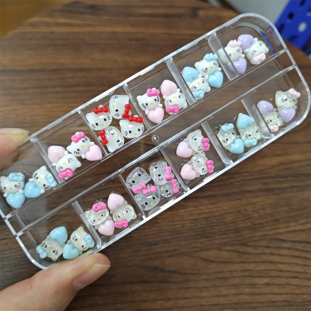 12 그리드/박스 혼합 글리터 3D 카와이 헬로 키티 네일 참 핑크/블루/퍼플 러브-하트 키티 고양이 네일 아트 마카롱 KT 고양이 부품
